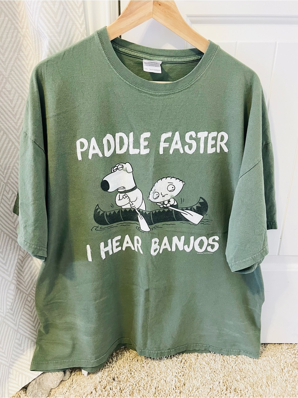 Gildan Olive Green Short Sleeve Tee with Family Guy Stewie Canoe Graphic